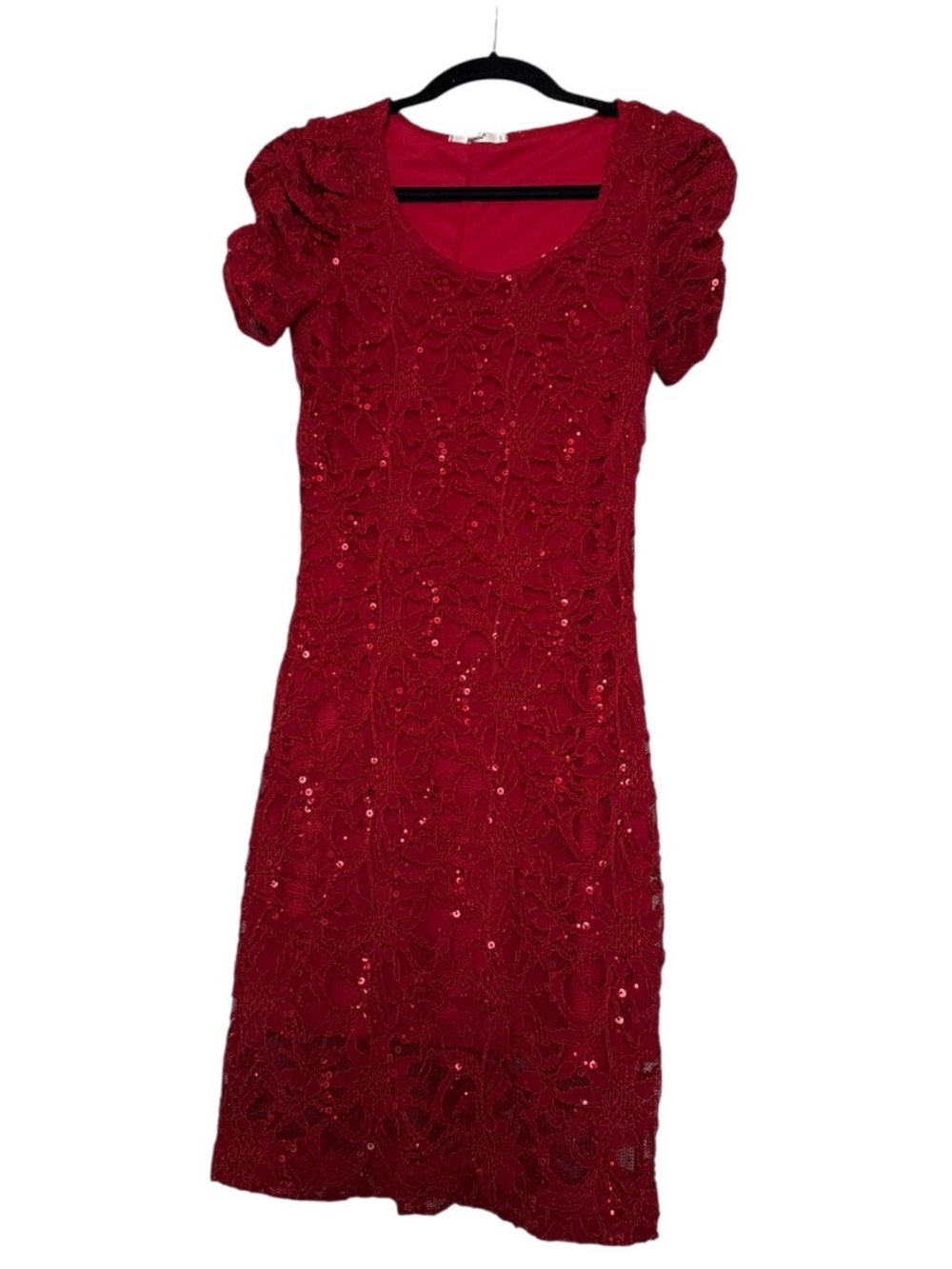 Y2K Papaya Red Sequin Lace Short Sleeve Dress size M